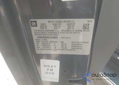 2012 Chevrolet Traverse 1Lt z USA, uszkodzony, nr VIN 1GNKVGED6CJ349863